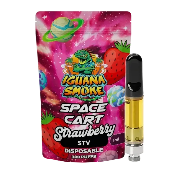 Cartucho con líquido amarillo y boquilla negra junto a un envase rosa Iguana Smoke Space Cart Strawberry, rotulado 1 ml.
