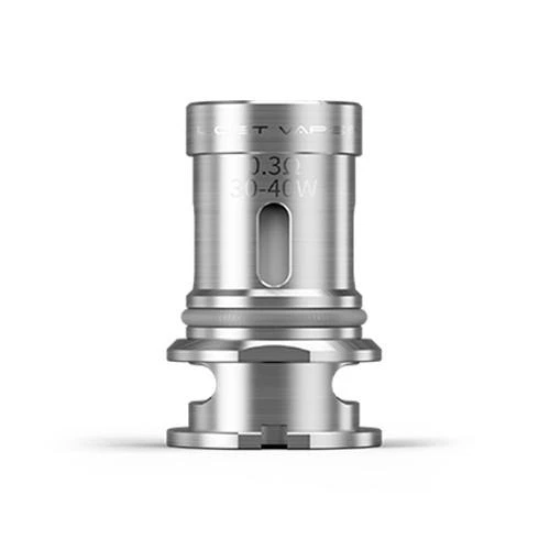 Resistencia cilíndrica plateada Lost Vape, con abertura ovalada lateral e inscripciones de 0,3 Ω y 30–40 W sobre fondo blanco.