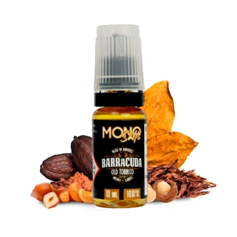 Frasco Mono eJuice Salts Barracuda con tapa translúcida y etiqueta negra, rodeado de hojas de tabaco y frutos secos.