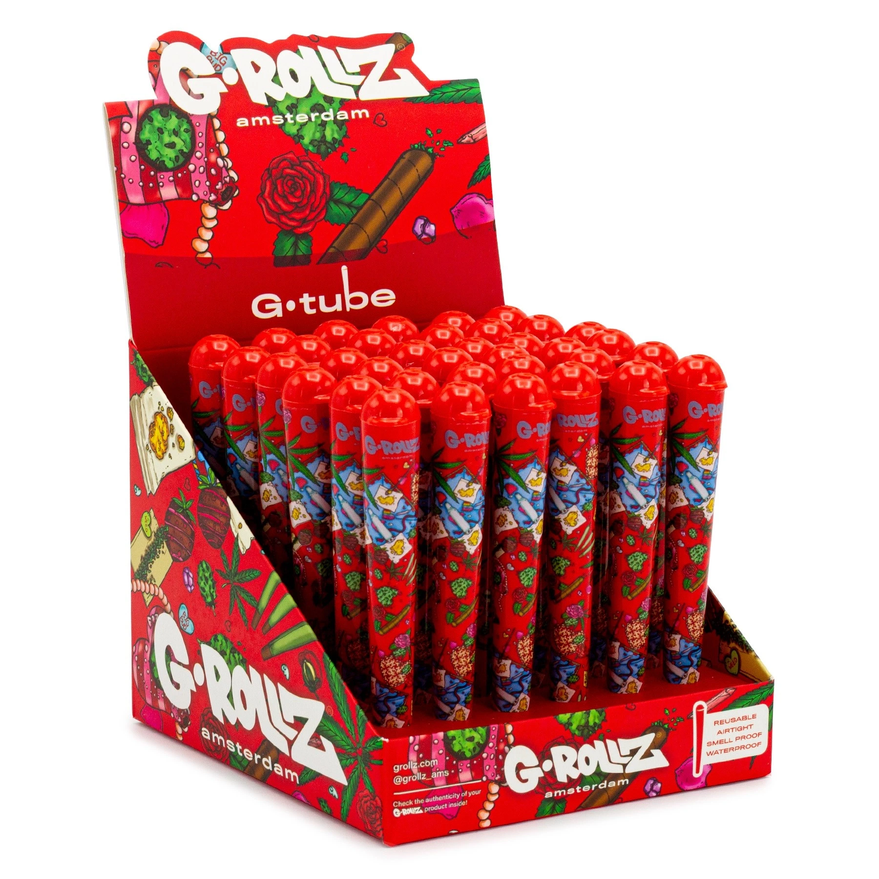 Expositor rojo G-Rollz con varios tubos portacigarros de tapa roja y estampados de rosas, hojas verdes y dibujos multicolores.