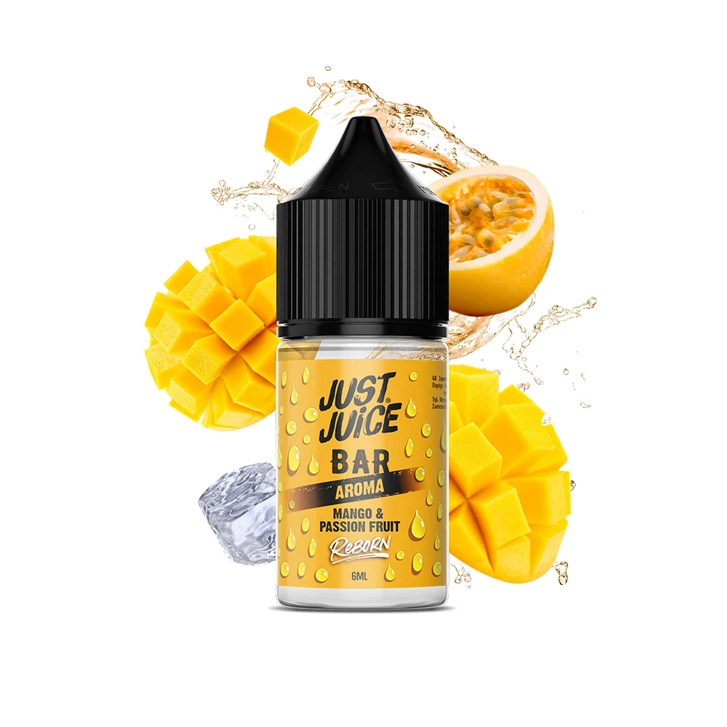 Frasco Just Juice Reborn Mango Passion Fruit de 6 ml con tapón negro, rodeado de mango cortado, maracuyá y salpicaduras.