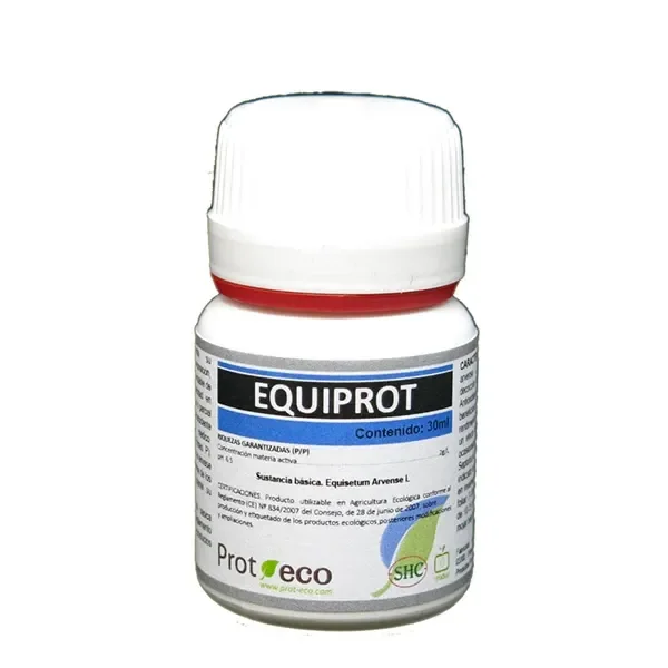 Frasco blanco de Equiprot Prot-Eco de 30 ml, con tapón estriado, anillo rojo y etiqueta blanca con franjas azul y negra. Frasco blanco de Equiprot Prot-Eco de 30 ml, con tapón estriado, anillo rojo y etiqueta blanca con franjas azul y negra.