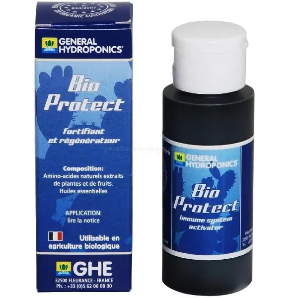 Frasco oscuro con tapón blanco junto a su caja azul, ambos con etiquetas Bio Protect de General Hydroponics.