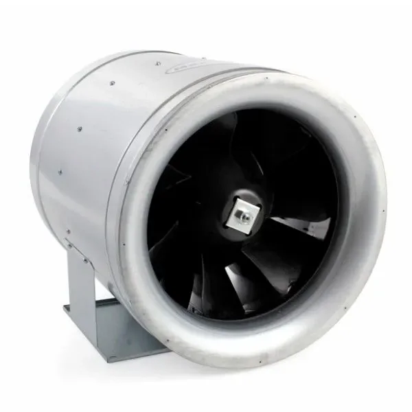 Extractor CAN-FAN Max-Fan 355/4940 con carcasa cilíndrica plateada, boca circular, aspas negras visibles y soporte inferior.