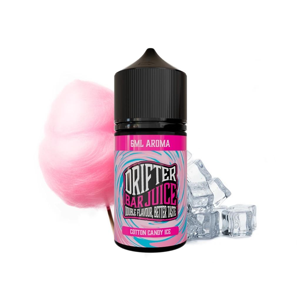Frasco Drifter Bar Cotton Candy Ice de 6 ml con tapón negro, etiqueta rosa y turquesa, algodón de azúcar y cubitos de hielo.
