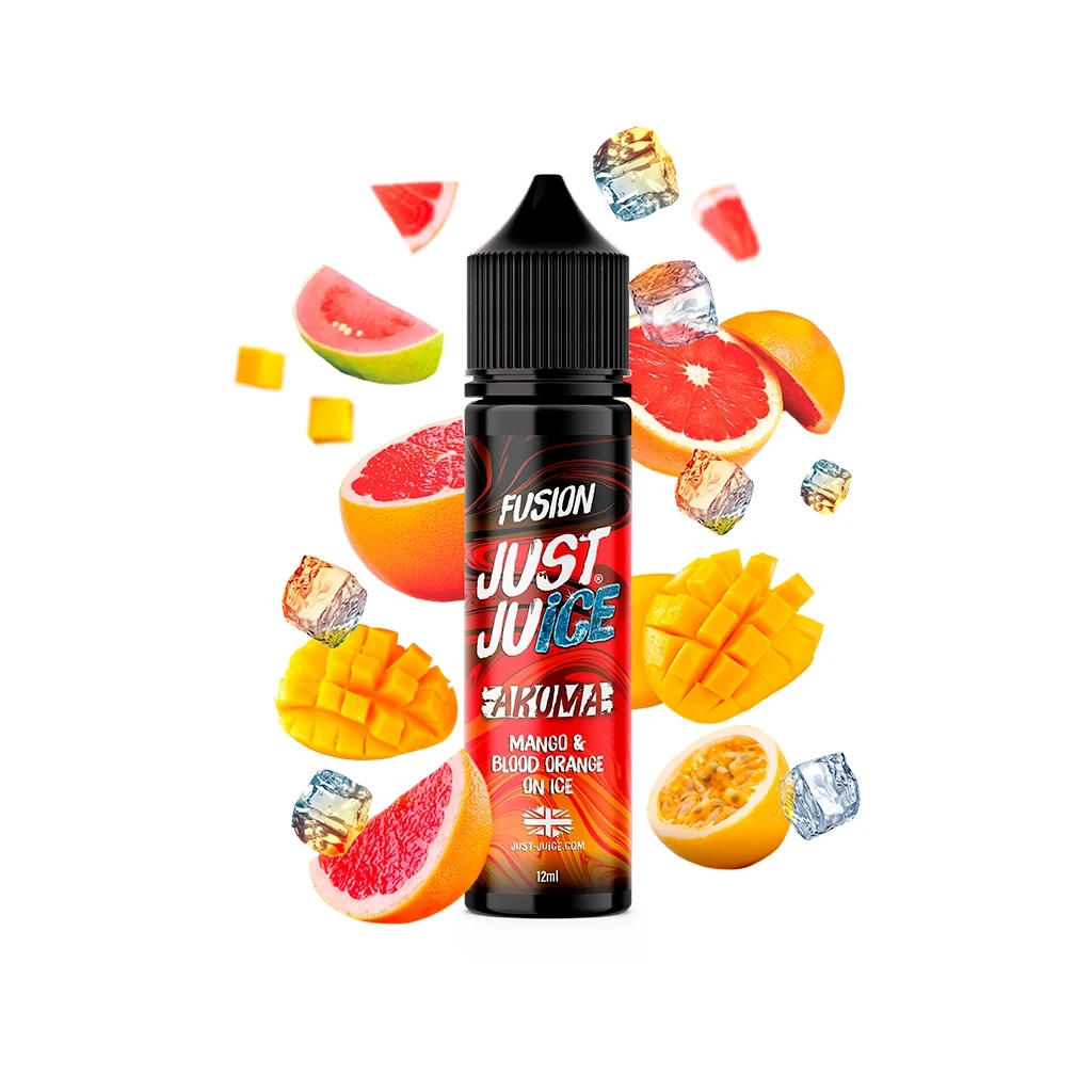 Frasco Just Juice Fusion de 12 ml con etiqueta Mango & Blood Orange on Ice, rodeado de frutas cortadas y cubitos de hielo.