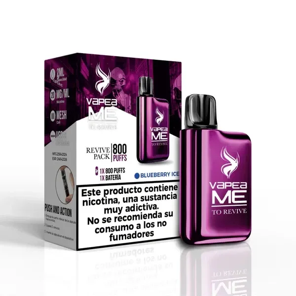 Dispositivo morado Vapea ME To Revive junto a su caja Blueberry Ice, con indicaciones de 800 puffs, 20 mg/ml y advertencia sobre nicotina.