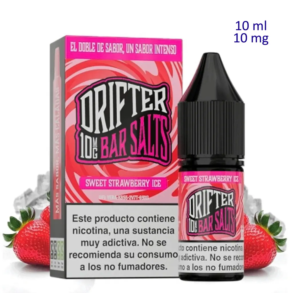 Frasco y caja Drifter Bar Salts Sweet Strawberry Ice, con diseño rosa, fresas y hielo alrededor; texto de 10 ml y 10 mg.