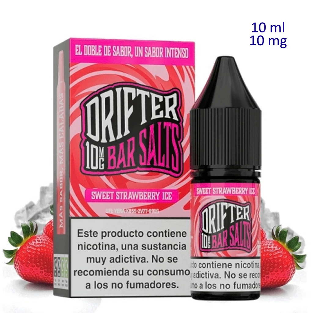 Frasco y caja Drifter Bar Salts Sweet Strawberry Ice, con diseño rosa, fresas y hielo alrededor; texto de 10 ml y 10 mg.