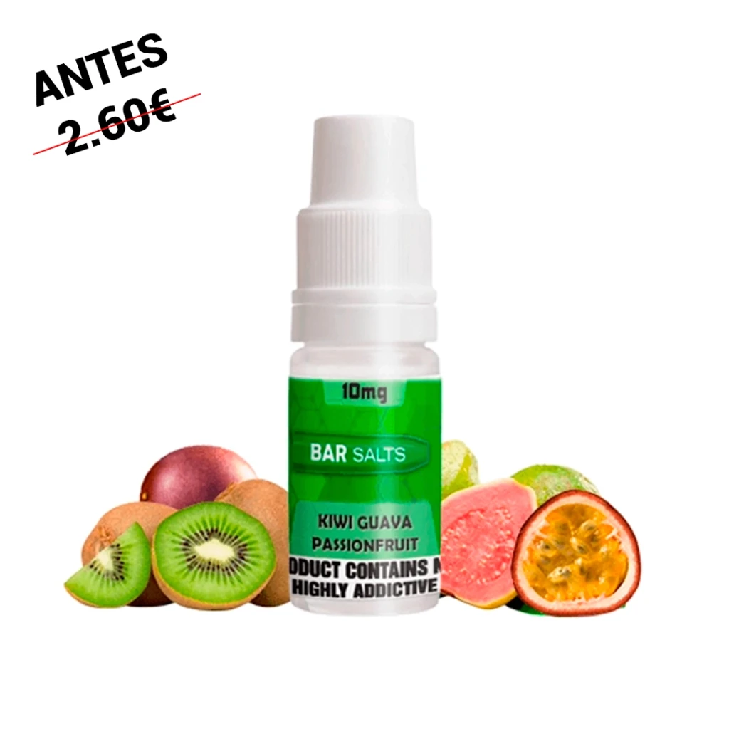 Frasco de Bar Nic Salts Kiwi Guava Passionfruit con etiqueta verde de 10 mg, rodeado de kiwi, guayaba y maracuyá sobre fondo blanco.