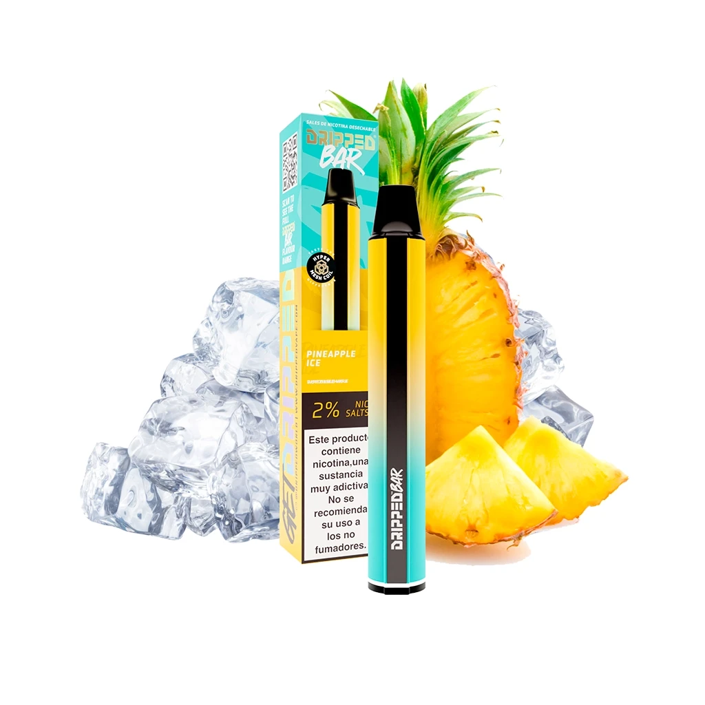 Vapeador Dripped Bar Pineapple Ice amarillo y turquesa junto a su caja, con una piña cortada, trozos de fruta y cubitos de hielo.