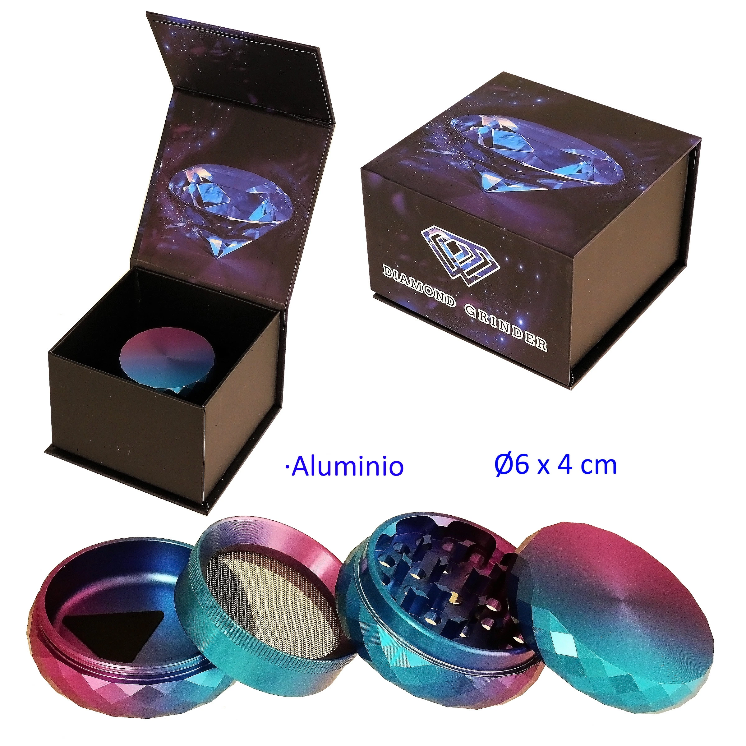 Grinder de aluminio de cuatro partes con acabado multicolor facetado, desmontado para mostrar dientes y malla, junto a su caja con diamantes.