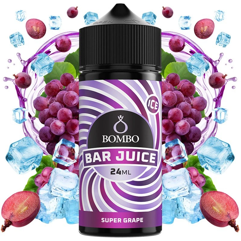 Frasco de aroma Super Grape Ice de Bombo Bar Juice, con etiqueta morada de 24 ml, rodeado de uvas, hojas y cubitos de hielo.