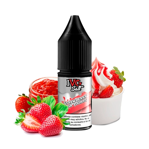 Frasco de IVG Salts Strawberry Jam Yoghurt con tapón negro, rodeado de fresas, un tarro de mermelada y un cuenco de yogur.