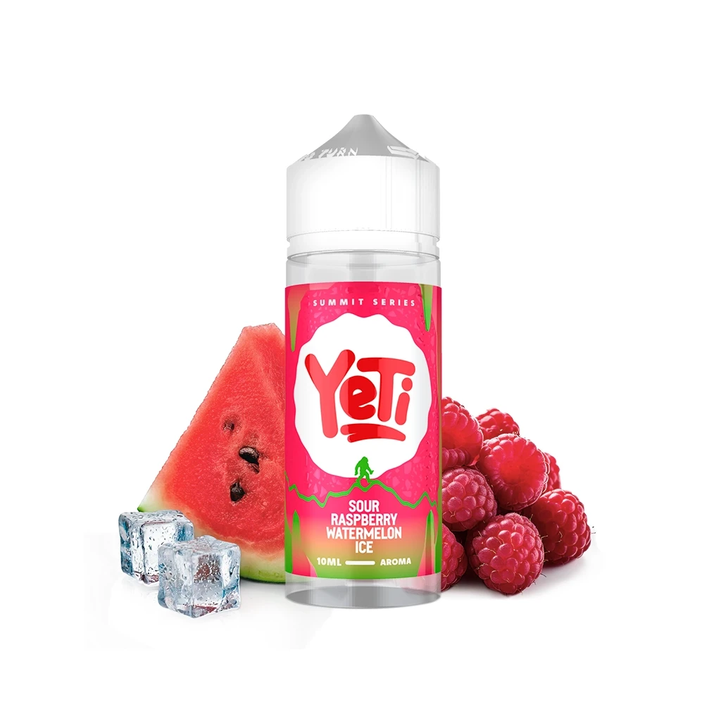 Botella Yeti Summit Series Sour Raspberry Watermelon Ice con tapón blanco, junto a una rodaja de sandía, frambuesas y cubitos de hielo.