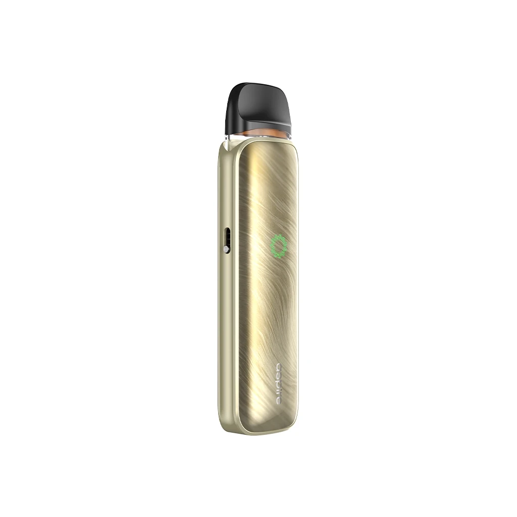 Aspire Pixo Aura 2 Pod Kit de acabado dorado cepillado, con boquilla negra e indicador verde frontal, aislado sobre fondo blanco.