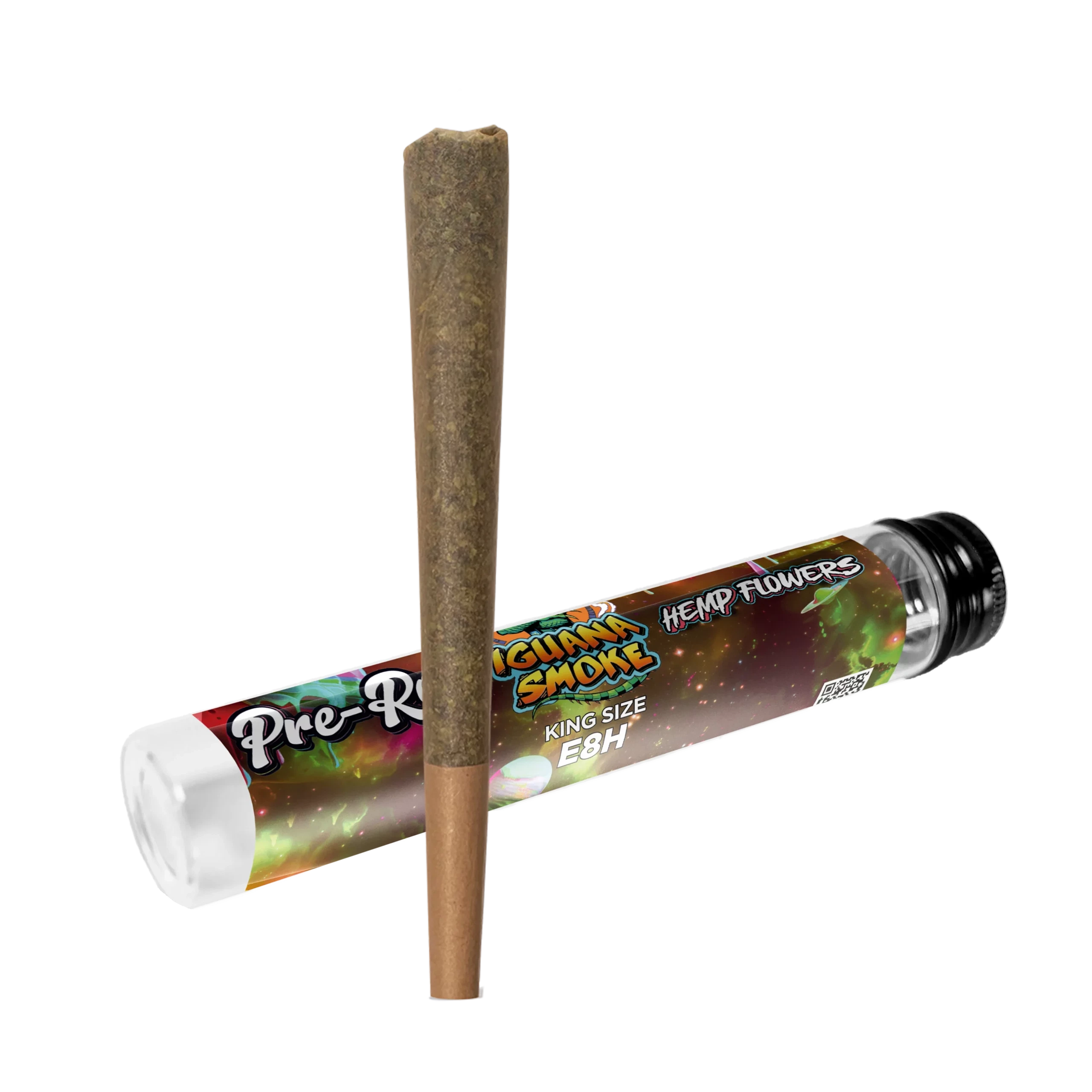 Pre Roll E8H King Size de Iguana Smoke en vertical, delante de su tubo etiquetado en diagonal sobre fondo negro.