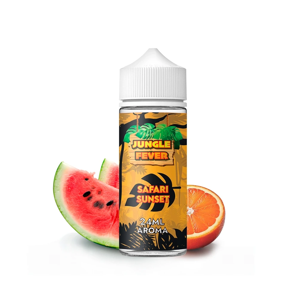 Frasco Jungle Fever Safari Sunset con tapón blanco y etiqueta amarilla de 24 ml de aroma, acompañado de sandía y naranja.