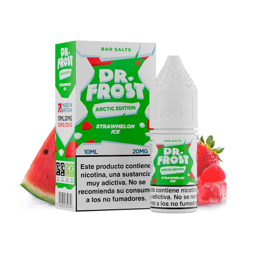 Frasco y caja verde de Dr. Frost Strawmelon Ice, con indicaciones de 10 ml y 20 mg, junto a sandía, fresa y cubitos rojos.