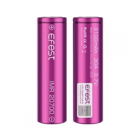 Batería Efest IMR 20700 violeta mostrada por ambas caras, con inscripciones de 3100 mAh, 30 A y 3,7 V y etiqueta de verificación.