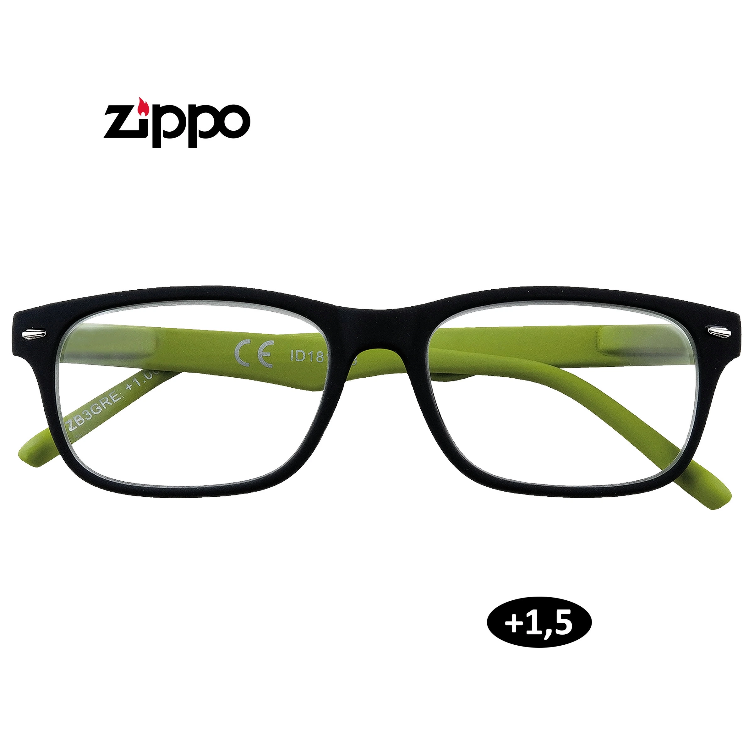 Gafas de lectura Zippo de +1,50 dioptrías, vistas de frente, con montura rectangular negra y patillas verdes cruzadas detrás.