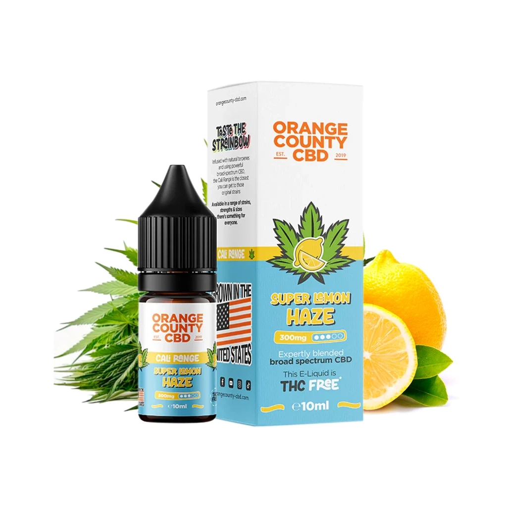 Frasco y caja de Orange County Cali CBD Super Lemon Haze, con etiqueta de 300 mg y 10 ml, junto a limones y hojas verdes.