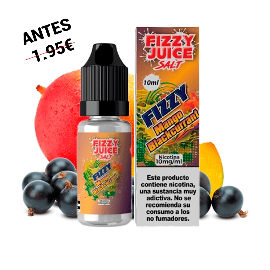 Frasco y caja de Fizzy Juice Salts Mango Blackcurrant de 10 ml, con tapón negro, mango y grosellas negras sobre fondo blanco.
