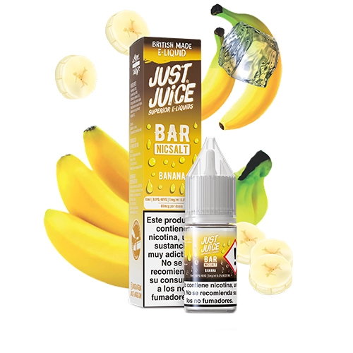 Frasco y caja amarilla de Just Juice Bar Salts Banana Ice, rodeados de plátanos y rodajas, con advertencia de nicotina visible.