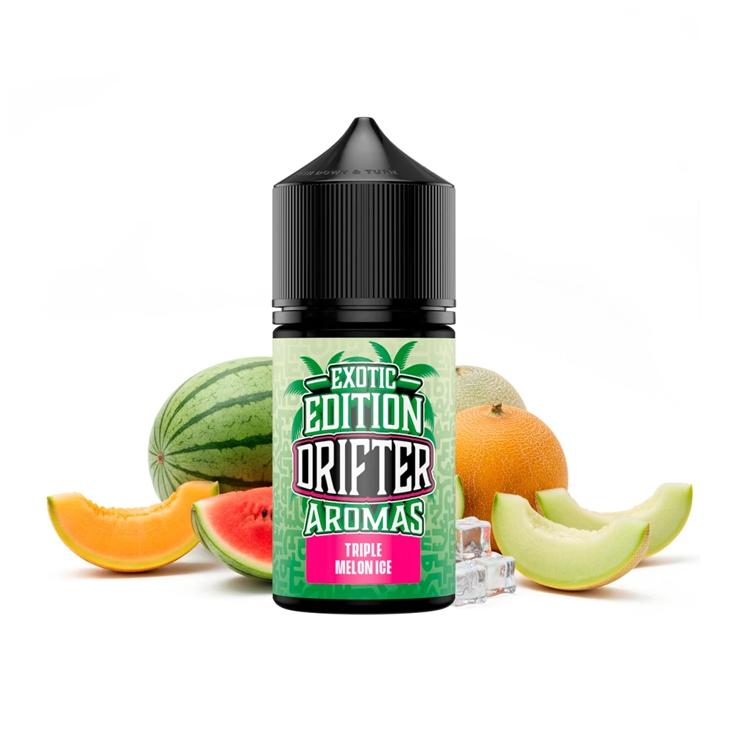 Frasco Drifter Exotic Triple Melon Ice con tapón negro y etiqueta verde y rosa, rodeado de sandía, melones, tajadas y cubitos de hielo.