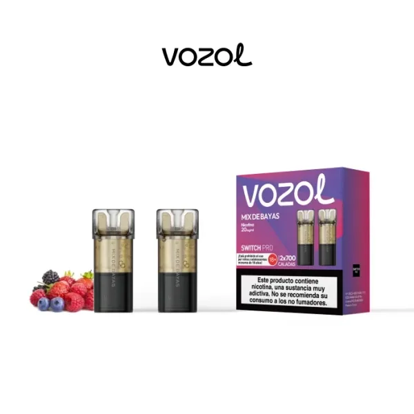 Recambios Vozol Switch Pro Mix de Bayas junto a su caja morada, con frutos rojos y advertencia sobre la nicotina.