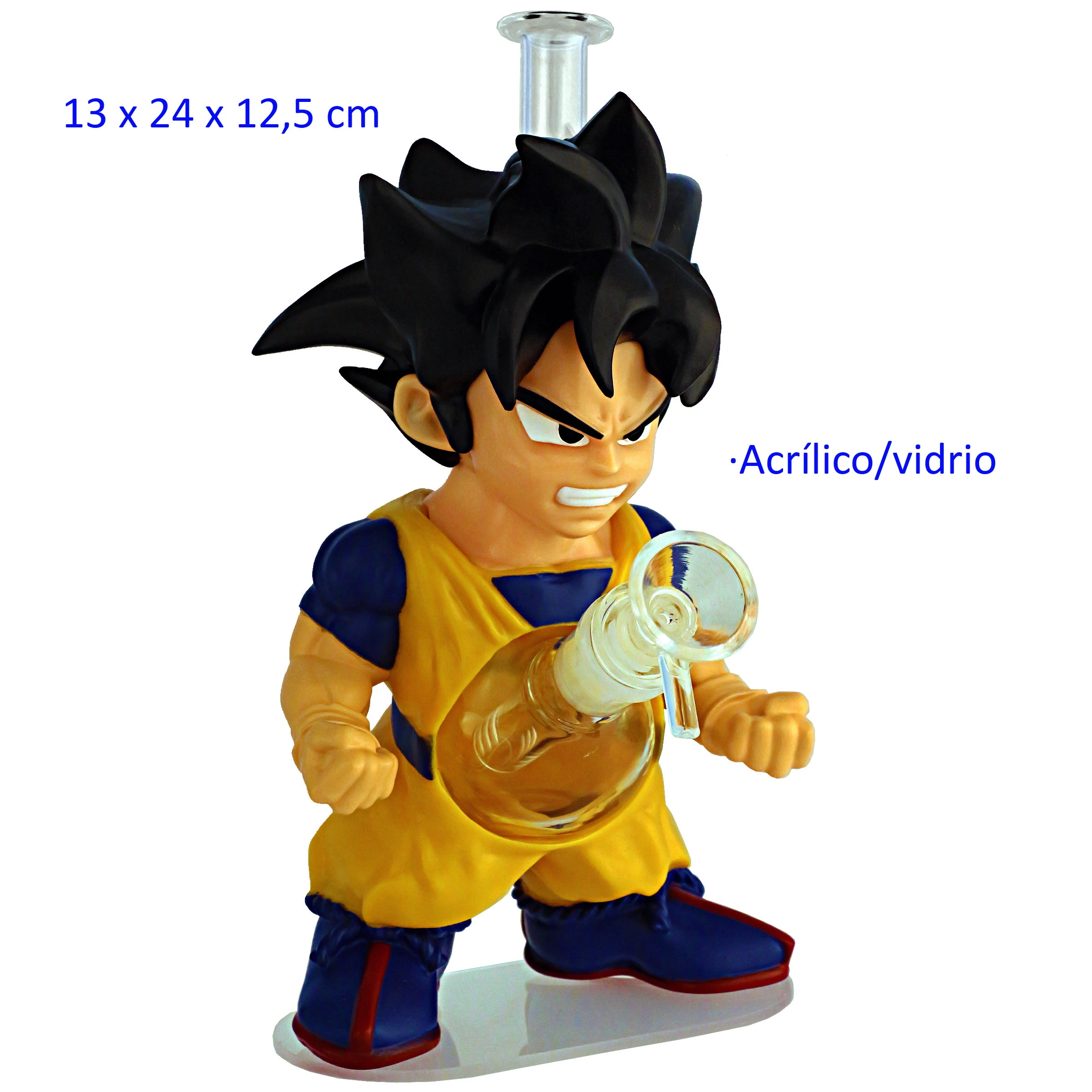 Pipa con figura de personaje de pelo negro puntiagudo y traje amarillo y azul, con tubo superior y cazoleta frontal transparentes.