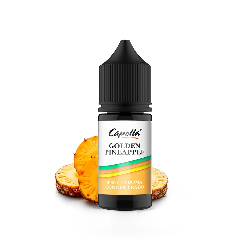 Frasco de Capella Golden Pineapple con tapón negro estriado y etiqueta de aroma concentrado de 30 ml, delante de rodajas de piña.