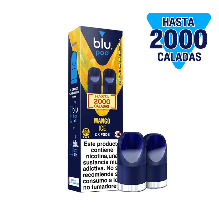 Envase de Blu Pods Mango Ice 20 mg junto a pods azules, sobre fondo negro, con el texto «Hasta 2000 caladas».