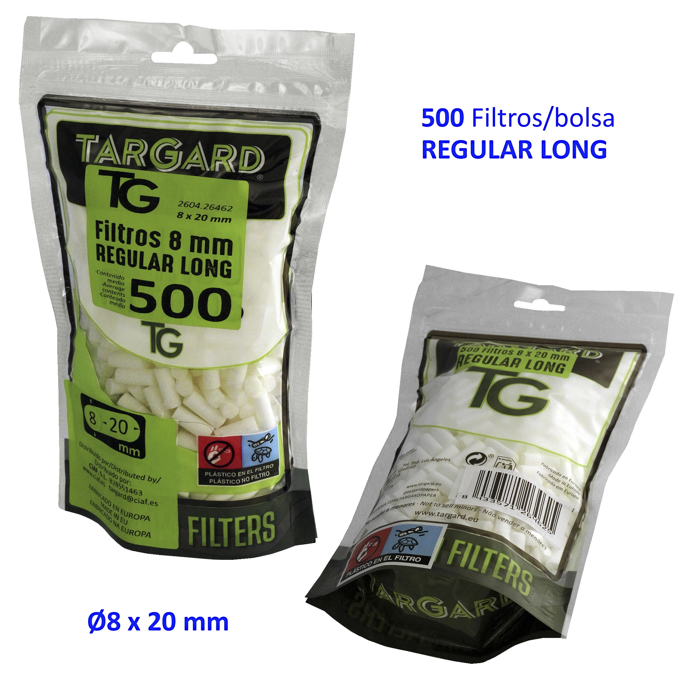 Bolsa de filtros blancos Tar Gard Regular Long mostrada por delante y por detrás, con etiqueta verde e indicación de 500 filtros. Bolsa de filtros blancos Tar Gard Regular Long mostrada por delante y por detrás, con etiqueta verde e indicación de 500 filtros.