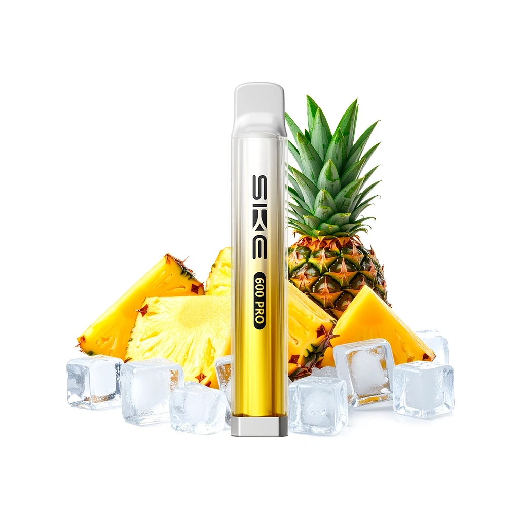 Dispositivo SKE Crystal 600 Pro Pineapple Ice de cuerpo amarillo y boquilla translúcida, ante una piña, trozos de fruta y cubitos de hielo. Dispositivo SKE Crystal 600 Pro Pineapple Ice de cuerpo amarillo y boquilla translúcida, ante una piña, trozos de fruta y cubitos de hielo.