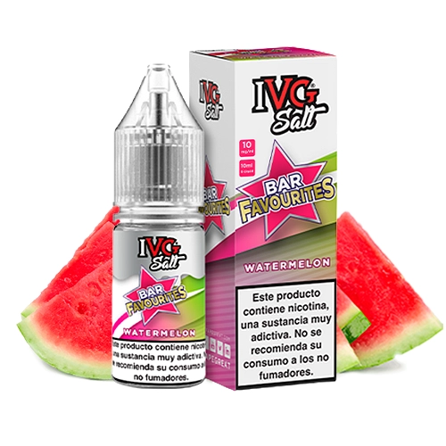 Frasco y caja de IVG Salt Bar Favourites Watermelon, con etiquetas rosas y verdes, advertencia de nicotina y rodajas de sandía detrás.