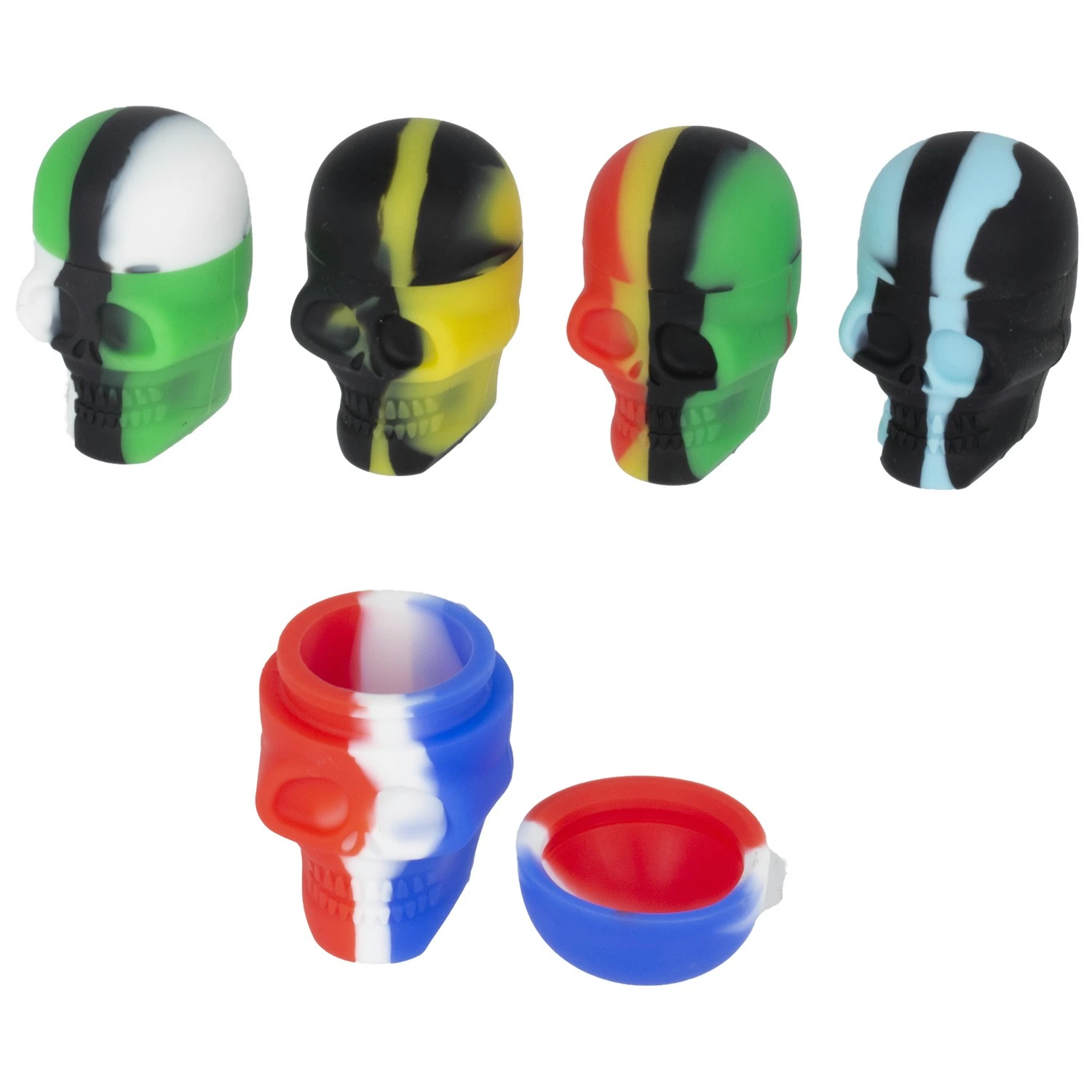 Selección de cajitas de silicona con forma de calavera en distintas combinaciones de colores; una aparece abierta con la tapa al lado.