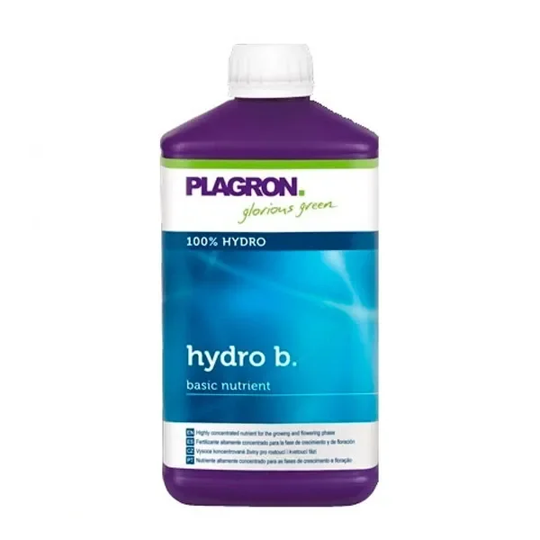 Botella morada de Hydro B Plagron con tapón blanco y etiqueta azul turquesa que indica «100% HYDRO» y «basic nutrient».