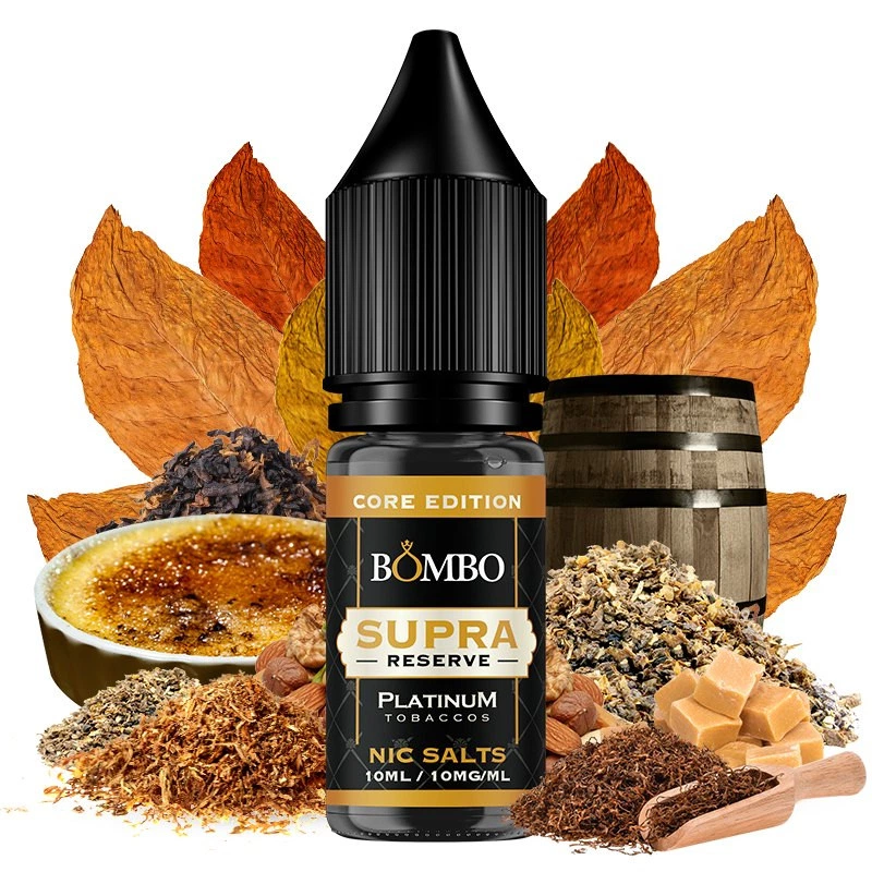 Frasco de Supra Reserve Platinum Nic Salts de Bombo, rodeado de hojas de tabaco, un barril, crema tostada y dados de caramelo.