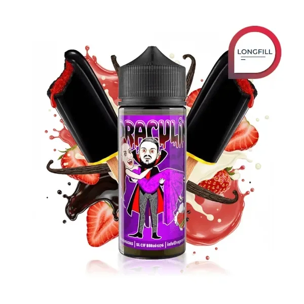 Frasco Draculín Longfill con etiqueta morada y vampiro dibujado, rodeado de fresas, vainas de vainilla y polos de cobertura oscura.