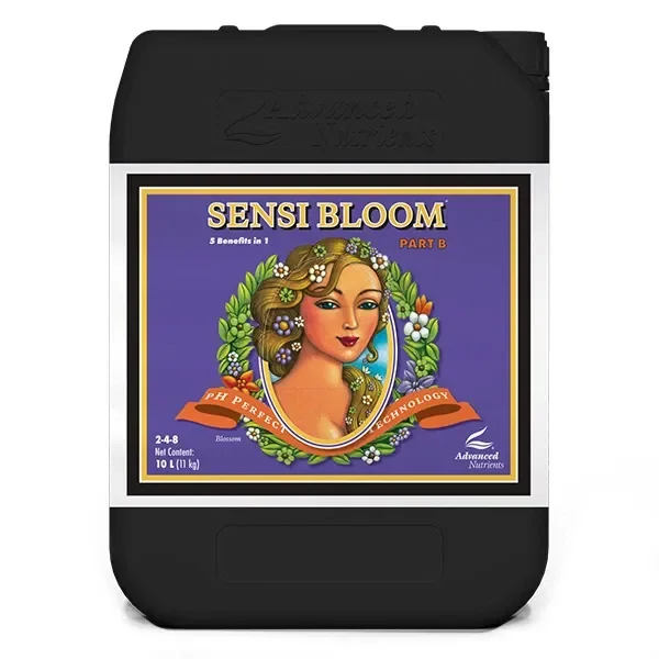Bidón negro de pH Perfect Sensi Bloom B de Advanced Nutrients, con etiqueta morada, retrato femenino y formato de 10 L.