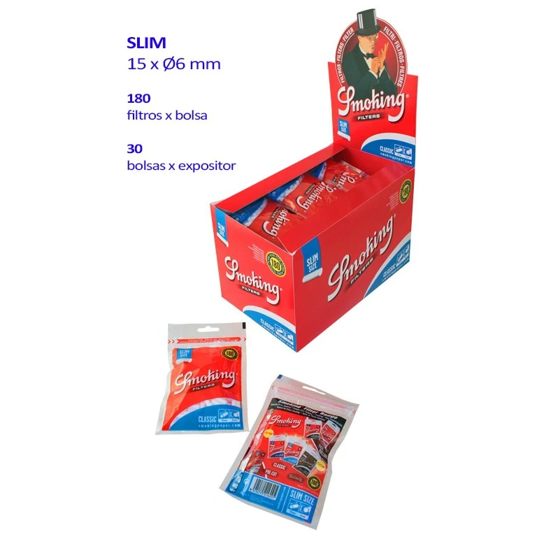 Expositor rojo de filtros Smoking Slim con bolsas en su interior y vistas del anverso y reverso de una bolsa en la parte inferior. Expositor rojo de filtros Smoking Slim con bolsas en su interior y vistas del anverso y reverso de una bolsa en la parte inferior.