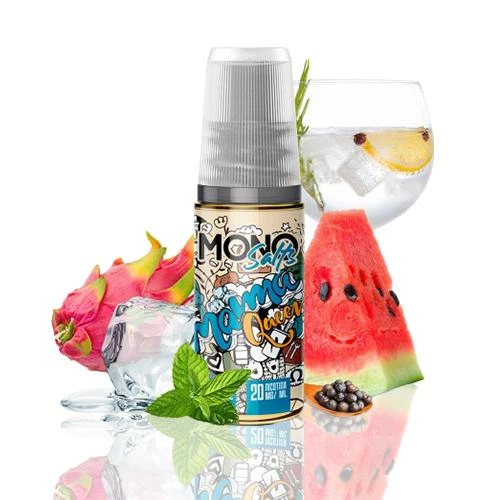 Frasco de Mamma Queen de Mono eJuice Salts con tapón blanco, rodeado de sandía, pitahaya, menta, hielo y una copa con rodaja de cítrico.