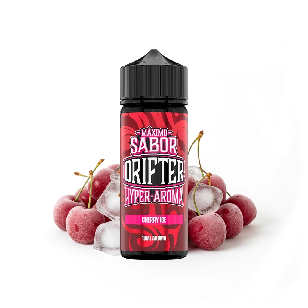 Frasco Drifter Hyper-Aroma Cherry Ice con tapón negro y etiqueta roja, rodeado de cerezas y cubitos de hielo sobre fondo blanco.