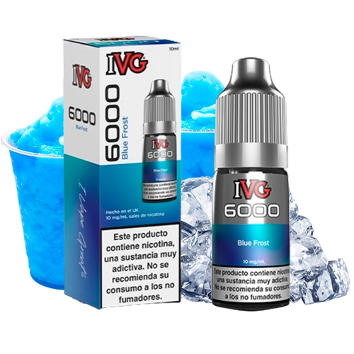 Frasco y caja de IVG 6000 Salts Blue Frost con etiquetas azules, junto a un vaso de granizado azul y cubitos de hielo.