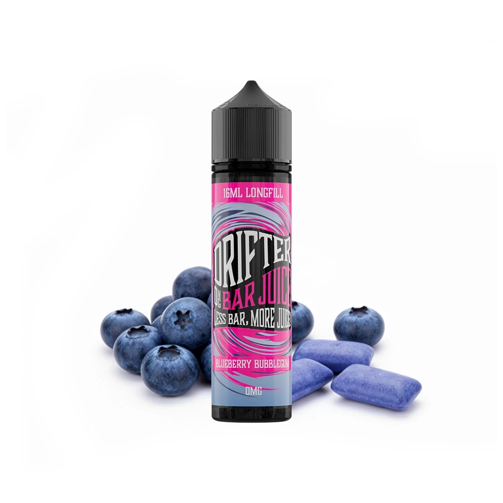 Botella Drifter Bar Blueberry Bubblegum Longfill de 16 ml, con tapón negro y etiqueta rosa, rodeada de arándanos y chicles azules.