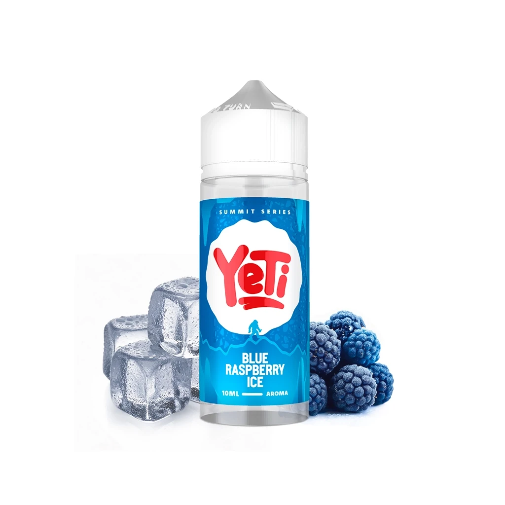 Bote Yeti Summit Series Blue Raspberry Ice de 10 ml con etiqueta azul y tapón blanco, junto a cubitos de hielo y frutos azules.