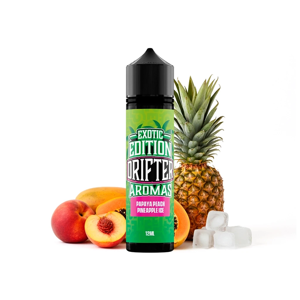 Bote Drifter Exotic Papaya Peach Pineapple Ice con etiqueta verde y tapón negro, junto a papaya, melocotón, piña y cubitos de hielo.