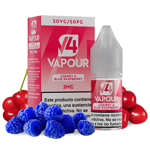 Caja y frasco V4 Vapour Cherry Blue Raspberry, con etiquetas rosas de 3 mg y 50VG/50PG, rodeados de cerezas y frambuesas azules.