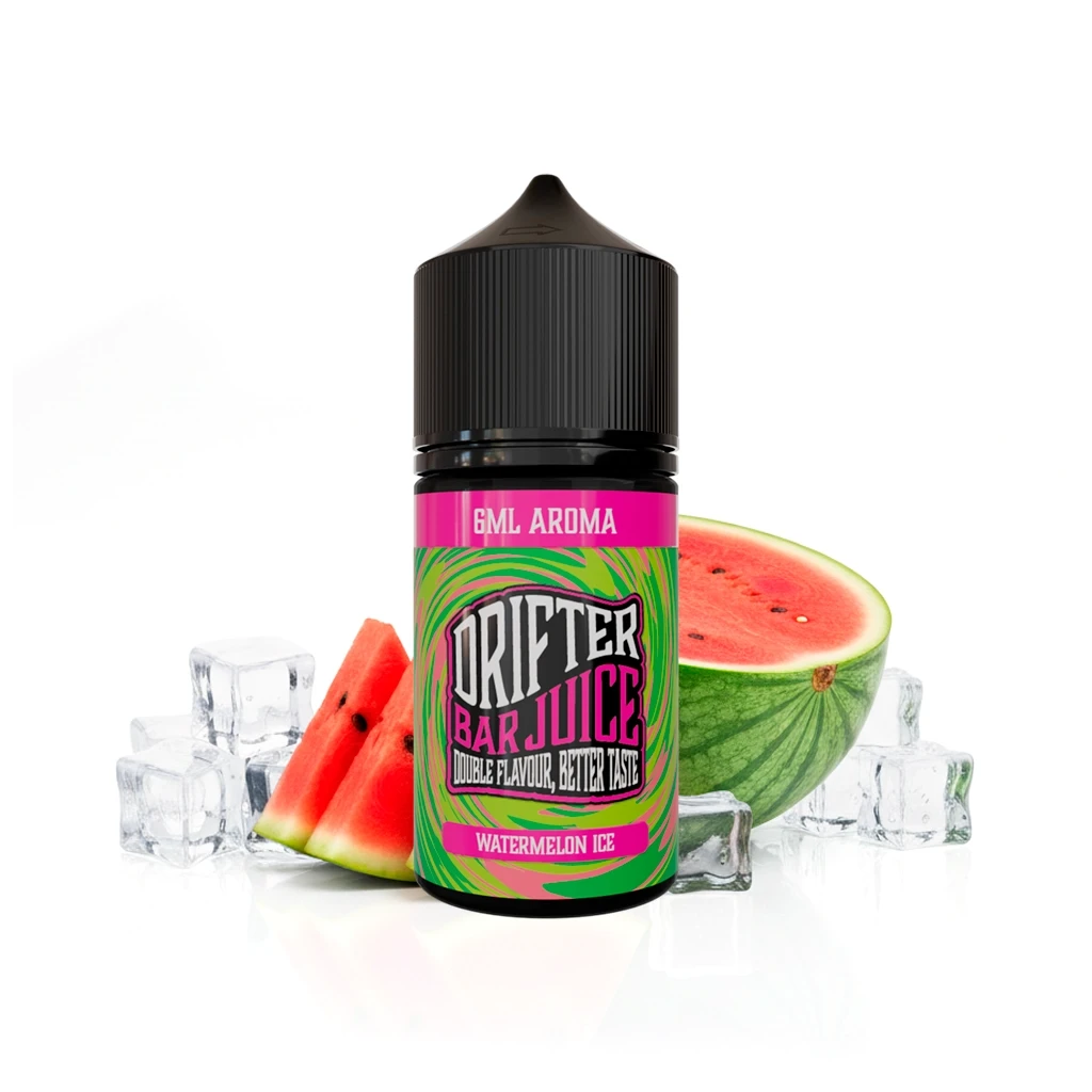 Frasco Drifter Bar Watermelon Ice de 6 ml, con tapón negro y etiqueta rosa y verde, rodeado de sandía cortada y cubitos de hielo.